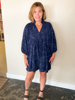 Navy Jacquard High Ruffle Neck Dress