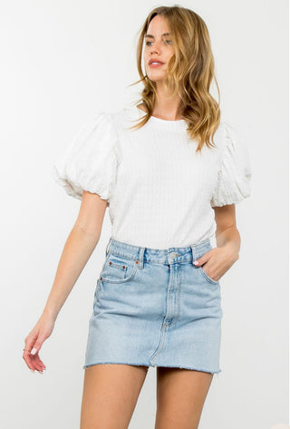 THML White Puffed Sleeve Textured Top