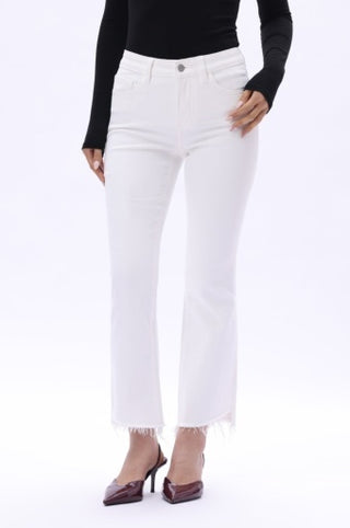 BAYEAS   Mid Rise Bootcut Raw Hem White Denim