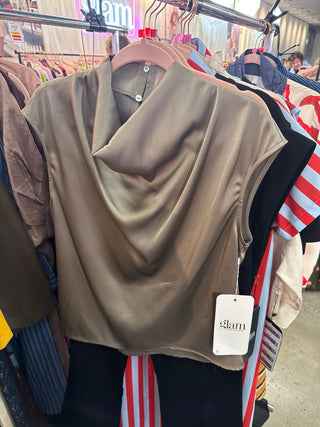Mocha Cowl Neck Satin Top