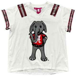 QUEEN OF SPARKLES LICENSED- WHITE  CRIMSON ALABAMA ELEPHANT JERSEY TEE