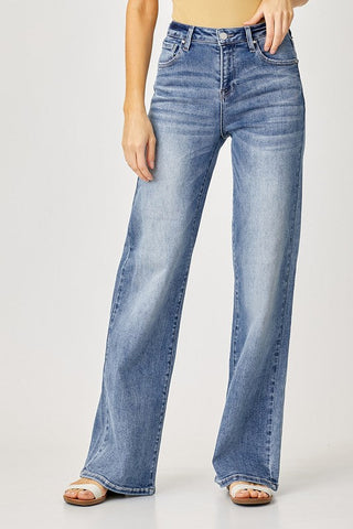 Risen Mid Rise Wide Leg Jeans