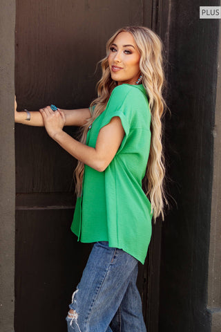 Pleated Button Woven Top Plus