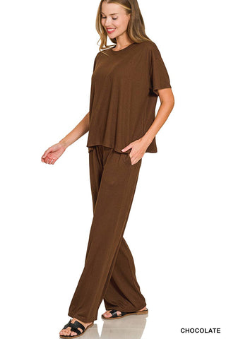 Soft Hacci Short Sleeve Tee & Long Pants 2PC Set