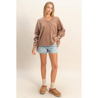 Oversized V-Neck Sweatshirt With Raw Edge Detail