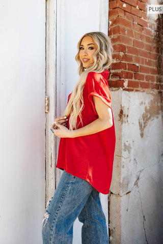 Pleated Button Woven Top Plus
