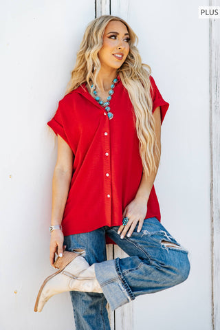 Pleated Button Woven Top Plus