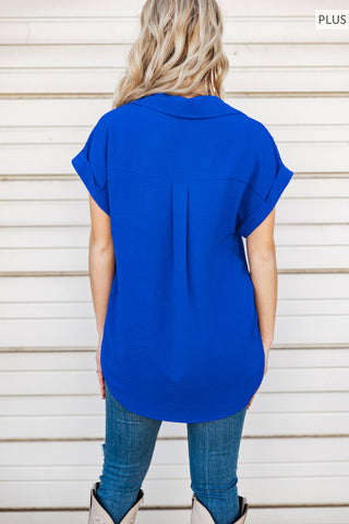 Pleated Button Woven Top Plus