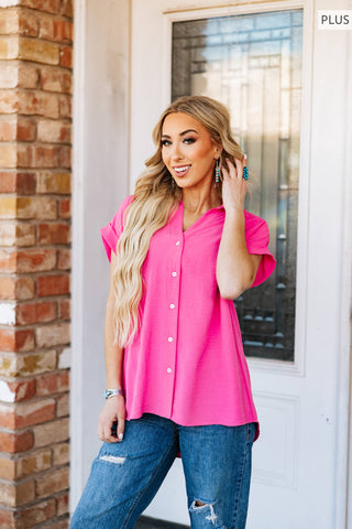 Pleated Button Woven Top Plus
