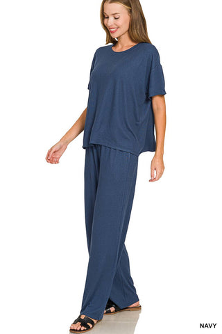 Soft Hacci Short Sleeve Tee & Long Pants 2PC Set