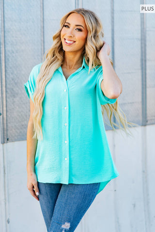 Pleated Button Woven Top Plus