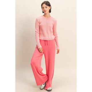 Double Knit High-Waist Drawstring Pintuck Wide Leg Pants