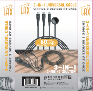 Nylon Mesh 3-in-1 Cable USB-C to USB-C, Iphone, Watch-6ft