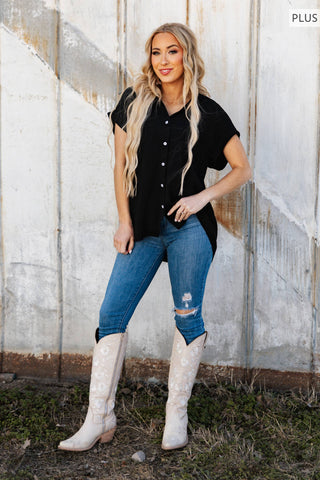 Pleated Button Woven Top Plus