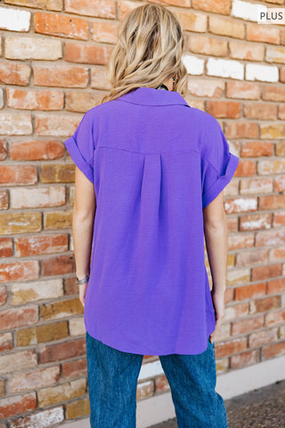 Pleated Button Woven Top Plus
