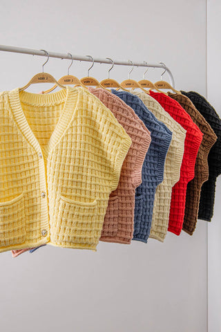 Waffle Texture Crop Cardigan in Chocolate