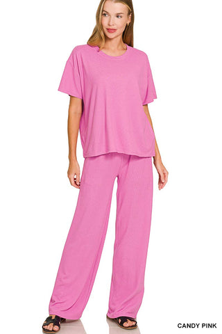 Soft Hacci Short Sleeve Tee & Long Pants 2PC Set