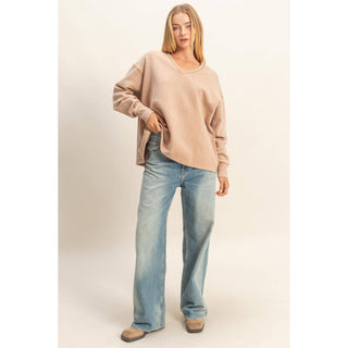 Oversized V-Neck Sweatshirt With Raw Edge Detail