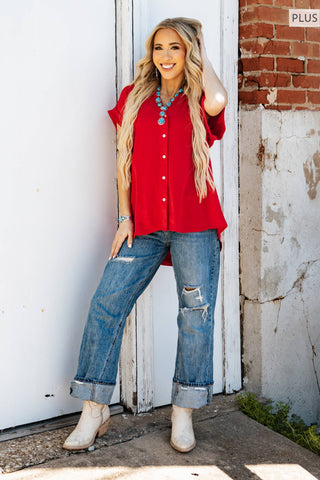Pleated Button Woven Top Plus